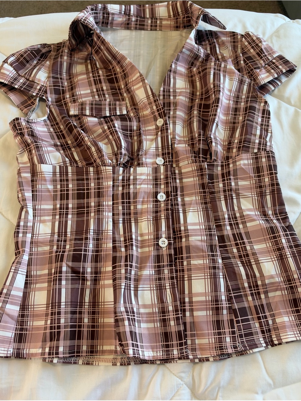 SHEIN Brown and Cream Plaid Short-Sleeve Button Down Shirt